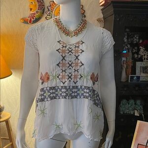 Johnny Was White Blouse with Geometric Patterns